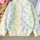 Adorable Girls Pearl Button Bow Knitted Sweater Cardigan - Soft, Cozy & Fashionable for Your Little Princess!