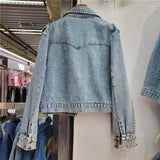 Women's Jackets Spring Women Fashion Rivet Diamonds Short Denim Jacket Loose Streetwear Casual Lapel Long Sleeve Jeans Coat Female