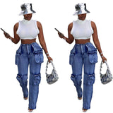 Goosudu High Waist Blue Smart Patch Pocket Jeans