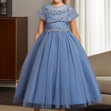 Enchanting Girls Embroidered Princess Dress - Delicate Mesh & Layered Tulle - Perfect for Parties, Performances & Weddings - A Royal Gift