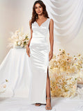 Long Sleeveless Solid V Neck Bodycon Dress - Elegant Split Satin Party Dress for Women - All Seasons, Micro Elasticity, No Belt, No Printing