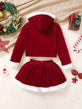 2-Piece Velvet Set, Solid Red Hooded Long Sleeve Top & Elastic Waist Skirt, Girls Christmas Party Outfit