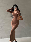 goosudu Ella Solid Color U-Neck Long Sleeve Slim Long Dress