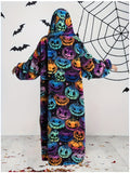 Cozy Halloween Pumpkin Fleece Hoodie - Oversized Wearable Blanket with Long Sleeves, Plus Size Available