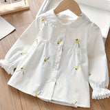 Adorable Girls Delicate Ruffle Flower Embroidered Shirt - Stylish Button Front for Spring & Fall Parties - Versatile Wardrobe Essential