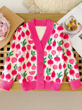 Allover Hearts Pattern Knit Cardigan For Girls, Comfy Casual Long Sleeve Knitted Outerwear Autumn/ Spring Clothes, 1pc