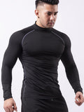 Mens High-Performance Color Block Compression Shirt - Moisture-Wicking, Ergonomic Fit for Hiking, Jogging, Cycling - Fashionable Long Sleeve Turtle Neck Athletic Shirt for Outdoor Fitness & All-Weather Workouts