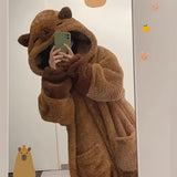 Bear-Themed Hooded Wearable Blanket – Contemporary Style Cozy Knit Polyester Robe with Pockets and Button Closure – Machine Washable, Animal Pattern Warm Loungewear for Thanksgiving, Christmas, Valentine's, Mother's Day Gift