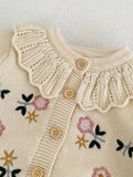 Spring And Autumn New Floral Embroidery Ruffle Collar Kids Knitted Sweater Top, Cotton Long-sleeved Baby Girl Cardigan Coat