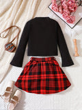 Girls 2pc Elegant Flare Long Sleeve Pullover + Plaid Skirt With Bow Belt Set Kids Clothes Spring Fall Christmas Gift Outdoor Wear