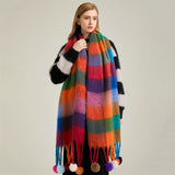 Chunky Rainbow Scarf - Soft Imitation Cashmere, Faux Fur Ball Tassel, Thickened Coldproof, Warm, Long, Plaid Color Block Design, Perfect for Winter Outings and Casual Wear