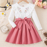 Elegant Floral Princess Dress for Girls - Chic Ruffled Design with Belt, Long Sleeves, All-Season Polyester Wear