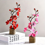 Boho Style Artificial Plum Blossom Swag Set with Woven Vase - Plastic Fake Flower Branches for Simplistic Home Decor - Ideal for Easter, Hanukkah, Thanksgiving - Perfect Mother's Day Gift (1 Set)