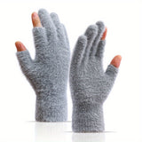 Open Fingers Plush Gloves Solid Color Plus Velvet Thickened Warm Gloves Convenient Touch Screen Gloves Women's Winter Coldproof Writing Gloves