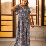 Girls Elegant Flowy Flower Print Dress - Stylish & Comfortable for Summer Holidays - Long, Loose & Short Sleeve