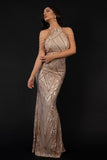 goosudu Sequin Halterneck Maxi Mermaid Prom Dress - Champagne