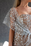 goosudu Off Shoulder Sequin Sheer Mini Dress - Silver