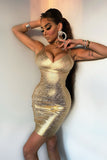 goosudu Metallic Gold Bandage Mini Cocktail Dress