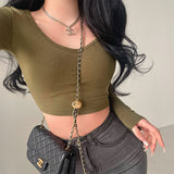 goosudu Kiana Solid Color V-neck Slim Long Sleeve Cropped Top