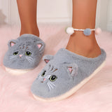 Cute Cartoon Cat Fuzzy Slippers, Creative Closed Toe Soft Sole Plush Flat Shoes, Winter Warm Home Slippers