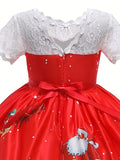 Christmas Themed Princess Dress for Girls - Party Style Red Bowknot Christmas Dress with Santa and Snowman Print, All-Season Woven Poly Cotton Dress, Regular Fit, Non-Stretch, for Children'S Holiday Parties