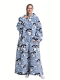 Plus Size Puppy Pattern Sherpa Fleece Oversized Ultra Soft Warm Wearable Blanket, Women's Plus Cute Sleepwear Thickened Blanket Hoodie