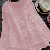 Plus Size Solid Cable Knit Button Front Cardigan, Elegant Scallop Hem Pocket Long Sleeve Knitted Cardigan, Women's Plus Size Clothing