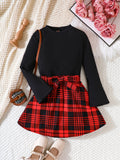 Girls 2pc Elegant Flare Long Sleeve Pullover + Plaid Skirt With Bow Belt Set Kids Clothes Spring Fall Christmas Gift Outdoor Wear