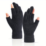 Open Fingers Plush Gloves Solid Color Plus Velvet Thickened Warm Gloves Convenient Touch Screen Gloves Women's Winter Coldproof Writing Gloves