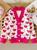 Allover Hearts Pattern Knit Cardigan For Girls, Comfy Casual Long Sleeve Knitted Outerwear Autumn/ Spring Clothes, 1pc