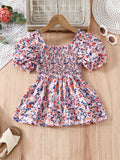 Spring Chic Floral Peplum Blouse for Girls - Elegant Puff Sleeve & Square Neck Top, Easy-care