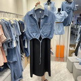 Women's Jackets Drawstring Waistcoat Jean Jacket Jaqueta Feminina Short Sleeve Denim Coat Chaqueta Mujer Women Crop Shirt Korean Tops Y2k Vest 231013