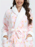 Cozy Star & Moon Print Women's Bathrobe with Belt - Plush Long Sleeve, V-Neck Lounge Robe with Pockets, Machine Washable