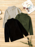 3-Piece Set Girls' Cozy Rib-Knit Long Sleeve Turtle Neck Pullovers - Soft, Versatile, and Casual for Fall & Winter - Solid Colored, Ribbed Cuffs, and Hem for a Comfortable Fit