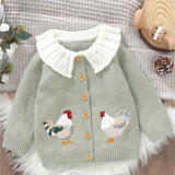 6M-3T Adorable Rooster Embroidery Toddler Baby Girl Sweater Cardigan - Soft Long Sleeve Button Down Top with Doll Collar for Fall Winter - Perfect for Casual Daily Wear and Special Occasions