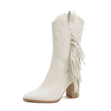 Autumn/Winter Pointy Chunky Mid-Leg Knight Boots Embroidered Totem White New Western Cowboy Boots Kq8