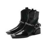 Autumn And Winter New Square Head Chunky Mid-Heel Metal Chain Short Tube Women's Knight Boots Kq8