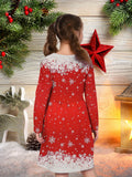 Girls' Festive Christmas Snowflake & Tree Long Sleeve Dress - Casual Fashion for Holiday Parties, Machine Washable