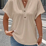 Plus Size Solid Textured T-Shirt, Casual V Neck Short Sleeve T-Shirt, Women's Plus Size Clothing