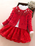 3pcs Knitwear Set For Girls, Lace Collar Knit Cardigan + Mock Neck Pullover + Mesh Skirt, 100% Cotton Comfy Spring/ Fall Clothes