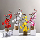 Boho Style Artificial Plum Blossom Swag Set with Woven Vase - Plastic Fake Flower Branches for Simplistic Home Decor - Ideal for Easter, Hanukkah, Thanksgiving - Perfect Mother's Day Gift (1 Set)