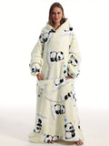 Cozy Plus Size Panda Pattern Fluffy Fleece Hooded Wearable TV Blanket Robe - Women's Plus Flannel Loungewear with Pockets for Ultimate Relaxation and Comfort