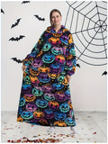 Cozy Halloween Pumpkin Fleece Hoodie - Oversized Wearable Blanket with Long Sleeves, Plus Size Available