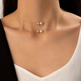 Personality Geometric Alloy Fine Chain Faux Pearl Beads Pendant Ladies Double Layer Necklace Clavicle Chain
