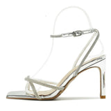 Ladies Heels Fairy Square Sier Rhinestones With Fine Ribbon One-Line High Heel Summer Sandals Kq8
