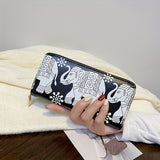 Vintage Elephant Print Long Zipper Wallet, Multifunctional Credit Card Purse For Women