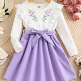 Elegant Floral Princess Dress for Girls - Chic Ruffled Design with Belt, Long Sleeves, All-Season Polyester Wear