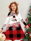 Adorable Snowman & Geometric Print Long Sleeve Dress for Girls - Perfect for Christmas, Fall/Winter Collection