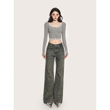 goosudu Gwen Fake Two Piece Halter Long-sleeved Button Up Slim Cropped Top
