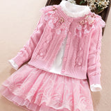 3pcs Knitwear Set For Girls, Lace Collar Knit Cardigan + Mock Neck Pullover + Mesh Skirt, 100% Cotton Comfy Spring/ Fall Clothes